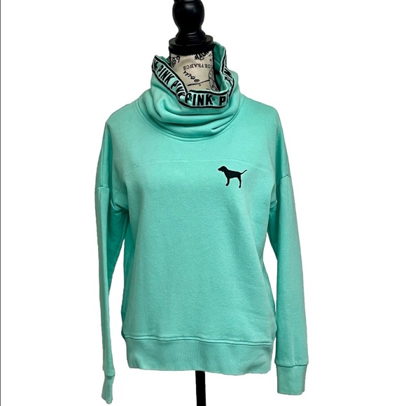 PINK Victoria Secret Mint Green Cowl Neck Sweatshirt College Y2k Preppy Sport XS - Picture 3 of 10